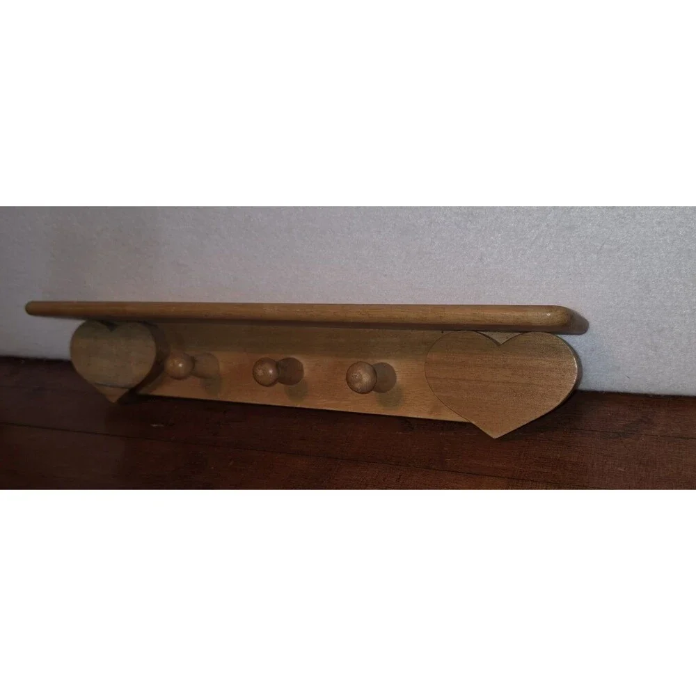 VTG Wooden Hearts Wall Shelf 3 Pegs Solid Oak Grandmacore 18 X 3.5 X 3.5